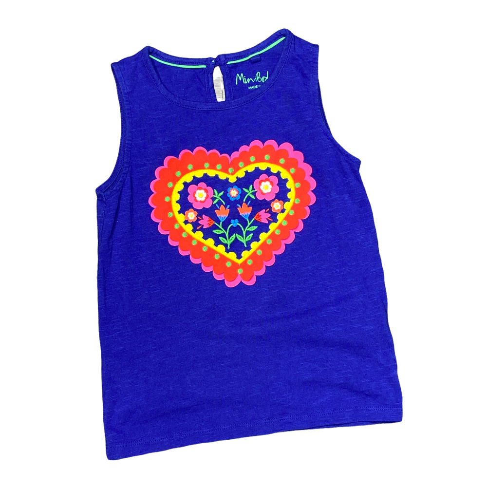 MINI BODEN | sz 6-7 Years Girl's Blue Multi Ruffle Floral Heart Graphic Tank
